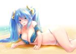  1girl akira_b blue_hair breasts cleavage large_breasts league_of_legends sona_buvelle swimsuit twintails 
