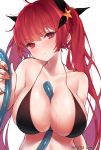  alternate_costume azur_lane bangs bare_shoulders between_breasts bikini black_bikini black_ribbon blush breasts cleavage closed_mouth collarbone dated embarrassed eyebrows_visible_through_hair frown hair_ornament hair_ribbon head_tilt highres holding_hose honolulu_(azur_lane) hose hose_between_breasts large_breasts long_hair looking_at_viewer mimelond red_eyes red_hair ribbon simple_background solo star star_hair_ornament swimsuit twintails twitter_username wet white_background 