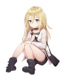  bag bangs black_choker black_cola black_footwear black_shorts blonde_hair blue_eyes boots choker closed_mouth collarbone eyebrows_visible_through_hair hair_between_eyes hand_on_own_knee highres jacket long_hair long_sleeves open_clothes open_jacket rachel_gardner satsuriku_no_tenshi shirt short_shorts shorts shoulder_bag simple_background sitting solo striped striped_shirt very_long_hair white_background white_jacket 