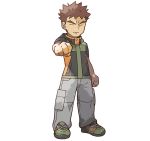  arm_up artist_request brown_hair clenched_hands closed_eyes full_body green_footwear grey_pants male_focus mizutani_megumi multicolored_shirt official_art outline outstretched_arm pants pokemon pokemon_(game) pokemon_lgpe shirt shoes short_hair short_sleeves solo standing takeshi_(pokemon) transparent_background white_outline 
