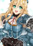  1girl atago_(kantai_collection) black_gloves black_skirt blonde_hair blush breasts eyebrows_visible_through_hair fai gloves green_eyes highres kantai_collection large_breasts long_hair looking_at_viewer open_mouth skirt smile solo upper_body 