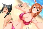  2girls animal_ears beach bikini black_ears black_hair blue_eyes blush breasts bunny_ears bunny_tail cat_ears charlotte_e_yeager cleavage collarbone dutch_angle eyes_closed francesca_lucchini groin highres hiroshi_(hunter-of-kct) large_breasts long_hair multiple_girls navel orange_hair sand self_shot side-tie_bikini smile strike_witches swimsuit tail world_witches_series 