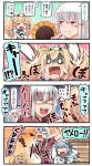  4koma :d aqua_neckwear aqua_skirt blonde_hair blue_hair blue_sailor_collar blue_shirt breast_pocket brown_gloves comic commentary_request crying dixie_cup_hat double_bun facial_scar fang flower flying_sweatdrops gambier_bay_(kantai_collection) gangut_(kantai_collection) gloves hair_between_eyes hair_ornament hairclip hat highres holding ido_(teketeke) kantai_collection long_hair md5_mismatch military_hat multicolored multicolored_clothes multicolored_gloves multiple_girls neckerchief no_hat no_headwear o_o open_mouth orange_eyes pleated_skirt pocket red_shirt remodel_(kantai_collection) sailor_collar samuel_b._roberts_(kantai_collection) scar school_uniform seed serafuku shaded_face shirt short_sleeves skirt smile speech_bubble sunflower sunflower_seed thought_bubble translated v-shaped_eyebrows white_hair white_hat 