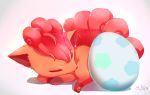  egg full_body lying mikoko_(mg2) no_humans on_stomach pokemon pokemon_(creature) signature simple_background sleeping solo vulpix white_background 