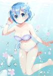  arm_up bangs bare_arms bare_legs bare_shoulders barefoot bikini blue_eyes blue_hair blurry blurry_foreground blush breasts cleavage closed_mouth collarbone commentary_request day depth_of_field eyebrows_visible_through_hair hair_between_eyes hair_ornament head_tilt highres medium_breasts navel neki_(wakiko) outdoors petals purple_bikini re:zero_kara_hajimeru_isekai_seikatsu rem_(re:zero) seashell_hair_ornament side-tie_bikini smile soles solo starfish_hair_ornament strapless strapless_bikini swimsuit twitter_username underwater water 