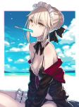  artoria_pendragon_(all) artoria_pendragon_(swimsuit_rider_alter) bad_id bad_pixiv_id bangs bare_shoulders beach bikini black_bikini black_bow black_jacket blonde_hair blurry bow bowtie braid breasts cleavage cloud cloudy_sky collarbone commentary day detached_collar eating fate/grand_order fate_(series) food french_braid frilled_bikini frilled_bikini_top frills hair_bow hair_bun highres hood hoodie ice_cream jacket kusano_shinta leg_garter long_sleeves looking_to_the_side maid_bikini maid_headdress medium_breasts ocean open_clothes open_hoodie open_jacket sitting sky swimsuit yellow_eyes 