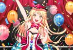  :d arm_up back_bow balloon bang_dream! bangs black_hat blonde_hair bow bowtie breasts cleavage cloud_print confetti curtains dress earrings hat hat_bow holding holding_scepter jewelry long_hair looking_at_viewer m_(aaaem) open_mouth pinky_out polka_dot_neckwear pom_pom_(clothes) red_bow red_neckwear scepter signature smile smiley_face solo stage_curtains top_hat tsurumaki_kokoro upper_teeth yellow_eyes 