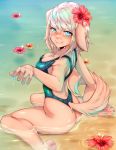  2018 anthro big_breasts blonde_hair blue_eyes blush breasts canid canine cleavage clothed clothing coffeechicken cute_fangs female floppy_ears flower fur furgonomics hair kneeling mammal one-piece_swimsuit partially_submerged pawpads pink_nose plant solo swimsuit tan_fur teal_eyes vao water wet 