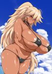  1girl blonde_hair breasts dark_skin huge_breasts otogi_tetsurou solo sweat swimsuit 