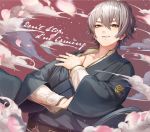  bangs black_kimono brown_eyes brown_sky cherry_blossoms cloud cloudy_sky commentary_request dutch_angle english eyebrows_visible_through_hair falling_petals fingernails from_below grey_hair grin hair_between_eyes head_tilt japanese_clothes kimono long_sleeves looking_at_viewer looking_down male_focus motion_blur obi original petals ryota_(ry_o_ta) sash shirt sky smile solo standing upper_body white_shirt 