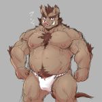  2019 anthro baluinu belly blush boar brown_fur bulge clothing fundoshi fur humanoid_hands japanese_clothing male mammal moobs navel nipples overweight overweight_male porcine simple_background solo underwear 