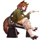  :3 animal_ears bench brown_eyes brown_hair crossed_legs full_body futatsuiwa_mamizou glasses highres looking_at_viewer nob1109 pipe raccoon_ears raccoon_tail sandals sitting solo tail touhou white_background 