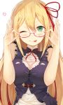  ;p absurdres adjusting_eyewear arisa_(shadowverse) bare_arms bare_shoulders blonde_hair breasts closed_mouth commentary_request dress eyebrows_visible_through_hair green_eyes hair_between_eyes hairband hands_up heart highres impossible_clothes impossible_dress large_breasts long_hair looking_at_viewer neck_ribbon one_eye_closed pointy_ears raised_eyebrows red-framed_eyewear red_hairband red_ribbon ribbon semi-rimless_eyewear shadowverse simple_background sleeveless sleeveless_dress smile solo tongue tongue_out upper_body white_background yamato_(muchuu_paradigm) 