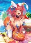  animal_ears beach bikini blue_bikini blush breasts bunny_ears bunny_tail carrot cleavage collar day fingernails hair_ribbon hat heart heart-shaped_pupils kneeling large_breasts long_fingernails looking_at_viewer lotion lotion_bottle mat mini_hat nail_polish open_mouth otogi_frontier pink_hair pyon-kichi red_eyes ribbon scrunchie short_hair side-tie_bikini smile solo swimsuit symbol-shaped_pupils tail thighhighs tilted_headwear two_side_up wet white_legwear wrist_scrunchie 
