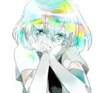  androgynous colored_eyelashes crack cracked crystal_hair diamond_(houseki_no_kuni) elbow_gloves gem_uniform_(houseki_no_kuni) gloves glowing glowing_hair hands_on_own_face houseki_no_kuni looking_at_viewer lowres multicolored multicolored_eyes multicolored_hair necktie rainbow_eyes rainbow_hair short_hair shumiko_(kamenokoueki) solo thick_eyebrows upper_body white_background 