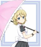  back_bow black_skirt blonde_hair blue_eyes blush bow bracelet braid darjeeling eyebrows_visible_through_hair frilled_umbrella from_side girls_und_panzer hair_between_eyes holding holding_umbrella jewelry looking_at_viewer ma-2_(konkon_kitakitsune) maid maid_headdress pink_umbrella pleated_skirt short_hair short_sleeves sketch skirt solo standing tied_hair umbrella white_bow 