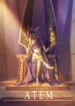 atem cape character_name chin_rest crossed_legs full_body indoors long_hair looking_at_viewer male_focus purple_cape purple_eyes siaoyu sitting solo spiked_hair sunlight yuu-gi-ou 