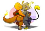  2018 anthro big_butt black_fur blush bottomless butt butt_grab charmander clothed clothing duo fan_character fire fur green_eyes hadou hand_on_butt kuroodod_(fursona) looking_at_viewer looking_back male nintendo nude orange_skin pok&eacute;mon pok&eacute;mon_(species) raichu red_sclera satsui-n0-had0u thick_thighs video_games 