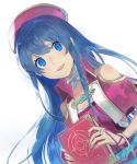  1girl aisutabetao blue_eyes blue_hair book bracelet fire_emblem fire_emblem:_fuuin_no_tsurugi hat highres holding holding_book jewelry lilina long_hair nintendo parted_lips red_hat simple_background solo upper_body white_background 