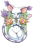  &lt;3 2018 anthro bell big_ears blue_eyes breasts claws clothing collar digimon ear_tuft fangs feline female fur gatomon gloves inverted_nipples long_tail mammal mostly_nude nipples one_eye_closed open_mouth pussy solo suntrots tail_ring thick_thighs tongue tuft whiskers white_fur wide_hips wink 