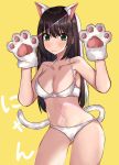  absurdres animal_ears ass_visible_through_thighs bangs blush bra breasts brown_hair cat_ears cat_girl cat_tail cleavage closed_mouth collarbone commentary_request eyebrows_visible_through_hair gloves green_eyes hair_between_eyes hands_up highres idolmaster idolmaster_cinderella_girls idolmaster_cinderella_girls_starlight_stage kemonomimi_mode long_hair looking_at_viewer medium_breasts navel norazura panties paw_gloves paws shibuya_rin simple_background solo tail underwear underwear_only very_long_hair white_bra white_panties yellow_background 