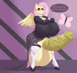  2018 absurd_res balls big_balls clothed clothing crossed_arms crossgender dialogue dickgirl digital_media_(artwork) ear_piercing english_text equine erection eyelashes feathered_wings feathers fluttershy_(mlp) friendship_is_magic hair hi_res huge_balls hyper hyper_balls hyper_penis intersex legwear long_hair looking_at_viewer makeup mammal medial_ring mr.pink my_little_pony nipple_bulge nonuberis pegasus penis piercing pink_hair solo text vein veiny_penis wings 