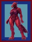  abstract_background absurd_res areola belt big_breasts blue_sclera breasts capcom claws fanged_wyvern female greasymojo hi_res monster_hunter monster_hunter_world muscular muscular_female navel nude odogaron pussy red_skin scalie sharp_nails sharp_teeth solo teeth tusks video_games watermark 