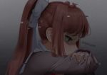  artist_name brown_hair commentary crying crying_with_eyes_open doki_doki_literature_club english_commentary glitch green_eyes hair_ribbon highres long_hair monika_(doki_doki_literature_club) ponytail profile ribbon sasoura school_uniform solo static tears white_ribbon 