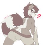  2016 ? anthro bent_over bulge butt canine clothed clothing crossgender hi_res hybrid looking_at_viewer looking_back male mammal marblesoda procyonid raccoon rear_view restricted_palette rikki signature simple_background solo watermark white_background wolf 