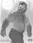  2017 5_fingers arm_hair biceps body_hair bruteandbrawn canine chest_hair clothed clothing facial_hair hairy humanoid male mammal moon muscular muscular_male navel nipples open_mouth pants pecs sharp_teeth sideburns solo stomach_hair teeth topless were werewolf 