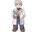  arm_behind_back artist_request belt black_eyes blue_pants brown_footwear brown_shirt coat full_body grey_hair hand_up holding labcoat long_sleeves looking_at_viewer male_focus mizutani_megumi official_art ookido_yukinari outline pants pen pokemon pokemon_(game) pokemon_lgpe shirt shoes short_hair smile solo standing tablet thick_eyebrows transparent_background white_coat white_outline 