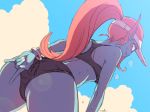  anthro bikini blue_skin butt butt_focus butt_pose clothing cloud fish hair lens_flare long_hair looking_at_viewer low-angle_view marine noaharbre outside ponytail rear_view red_hair solo sportswear sweat sweatdrop swimsuit undertale undyne video_games wet yellow_eyes 