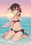  ahoge bare_shoulders barefoot beach bikini black_bikini blue_eyes blush bow braid breasts brown_hair cleavage closed_mouth cloud collarbone day eyebrows_visible_through_hair flower full_body hair_between_eyes hair_bow hair_flaps hair_flower hair_ornament hair_over_shoulder hair_ribbon hibiscus jacket kantai_collection lips long_hair looking_at_viewer medium_breasts naoto_(tulip) navel ocean open_clothes open_jacket outdoors red_bow red_flower red_ribbon remodel_(kantai_collection) ribbon shigure_(kantai_collection) side-tie_bikini single_braid sitting sky smile solo sunset swimsuit wariza water white_jacket 