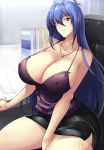  bare_shoulders blue_hair blush breasts cleavage commentary doctor haganef huge_breasts jewelry long_hair maken-ki! necklace nijou_aki red_eyes skirt smile solo 