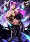  1girl black_choker bracelet breasts bustier choker cian_yo commentary double_bun eyeshadow fingerless_gloves gloves hands_on_own_thighs jewelry k/da_(league_of_legends) k/da_kai&#039;sa kai&#039;sa league_of_legends long_hair looking_at_viewer makeup midriff nail_polish pants purple_eyes purple_hair solo tight tight_pants 