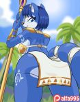  2018 alfa995 animated anthro big_butt blue_eyes blue_hair bouncing_butt butt canine clothing digital_media_(artwork) female fox hair holding_object krystal loincloth looking_at_viewer looking_back low-angle_view mammal markings nintendo outside palm_tree rear_view short_hair smile solo staff star_fox thick_thighs tree twerking video_games 