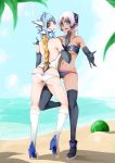  2girls absurdres alternate_hairstyle android ass beach blue_eyes blue_hair breasts cloud commentary_request cyborg dark_skin day elbow_gloves food fruit gloves heart high_heels highres kos-mos lipstick makeup multiple_girls panties redesign sand short_hair silver_hair smile t-elos thighhighs tree underwear watermelon xenosaga 