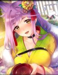  black_choker bowl breasts choker cleavage flower fur_trim gradient_clothes hair_flower hair_ornament holding holding_bowl japanese_clothes kimono large_breasts lavender_hair long_hair looking_at_viewer official_art open_mouth phantom_of_the_kill vanargand_(phantom_of_the_kill) yellow_eyes yukata 