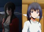  antenna_hair black_hair blue_eyes blue_hair breasts brown_eyes cleavage hair_ornament hanebado! jacket kaminashi_nozomi keijo!!!!!!!! long_hair ponytail screencap 