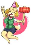  2018 animal_crossing anthro big_breasts birthday breasts canine clothed clothing digital_media_(artwork) dog eyes_closed female fur hair isabelle_(animal_crossing) jumping mammal nintendo shih_tzu sin_bruh smile solo super_smash_bros super_smash_bros._ultimate thick_thighs video_games watermark wide_hips 