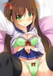  bangs black_legwear blurry blush bow bow_bra bow_panties bra breasts brown_hair cameltoe cleavage closed_mouth commentary crotch_seam frilled_bra frilled_panties frills frown green_bra green_eyes green_panties hair_ribbon kageira leaning_back lifted_by_self long_hair looking_at_viewer medium_breasts orange_ribbon original panties pillow reaching_out ribbon school_uniform self_shot serafuku shirt_lift skirt skirt_lift solo squatting sweat tearing_up thighhighs twintails underwear wavy_mouth 
