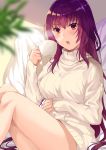  absurdres bangs blush breasts commentary_request cup fate/grand_order fate_(series) hair_between_eyes highres hizuki_higure knees_up large_breasts long_hair looking_at_viewer open_mouth purple_hair red_eyes ribbed_sweater scathach_(fate)_(all) scathach_(fate/grand_order) sitting solo sweater thighs turtleneck turtleneck_sweater very_long_hair white_sweater 