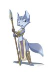  2018 3_toes anthro armor black_nose blue_fur canine clothing dipstick_tail female fox fur gauntlets gloves green_eyes hi_res krystal mammal markings melee_weapon multicolored_tail nintendo pointedfox polearm signature solo spear star_fox toes tribal tribal_markings video_games weapon white_fur 