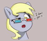  ... 2018 3d_glasses absurd_res blonde_hair confusion cute derp_eyes derpy_hooves_(mlp) dialogue english_text equine eyebrows eyelashes eyewear female feral friendship_is_magic glasses grey_background hair headshot_portrait hi_res mammal my_little_pony open_mouth pabbley portrait raised_eyebrow reaction_image simple_background solo teeth text tongue yellow_eyes 