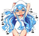  :d arms_up bangs bare_shoulders blue_eyes blue_hair blush breasts casual_one-piece_swimsuit collarbone commentary_request eyebrows_visible_through_hair hair_between_eyes hat heart heart-shaped_pupils ikamusume kanikama long_hair looking_at_viewer nose_blush one-piece_swimsuit open_mouth shinryaku!_ikamusume simple_background small_breasts smile solo squid_hat sweat swimsuit symbol-shaped_pupils tentacle_hair translation_request very_long_hair white_background white_swimsuit 