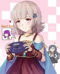  artist_name artist_request bangs bare_shoulders blush breasts cape closed_mouth commentary cosplay danganronpa dress dress_shirt english_commentary eyebrows_visible_through_hair fire_emblem fire_emblem:_seima_no_kouseki game_boy_advance gem glasses hair_ornament hairclip handheld_game_console heart holding ippers jewelry light_smile long_hair lute_(fire_emblem) multiple_girls nanami_chiaki navel necklace new_danganronpa_v3 nintendo parted_lips shirogane_tsumugi shirt short_hair short_sleeves simple_background sleeveless sleeveless_dress smile sparkle super_danganronpa_2 thumbs_up upper_body 