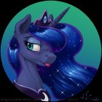  amarynceus blue_eyes blue_fur blue_hair blush bust_portrait crown equine female feral freckles friendship_is_magic fur hair horn horse mammal my_little_pony pony portrait princess_luna_(mlp) smile solo tongue tongue_out unicorn 