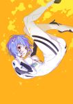  ass ayanami_rei bangs blue_hair bodysuit bracer breasts bubble commentary_request from_side full_body gloves hand_on_ankle hand_on_own_cheek hand_on_own_face headgear kneepits lcl legs looking_at_viewer neon_genesis_evangelion nilitsu orange_background pale_skin parted_lips pilot_suit plugsuit red_eyes short_hair sideways_glance simple_background skin_tight skinny small_breasts submerged white_bodysuit 
