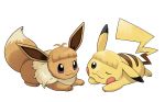  :3 absurdres antenna_hair artist_request bangs black_eyes blunt_bangs blush_stickers eevee eye_contact full_body gen_1_pokemon highres looking_at_another lying multiple_boys no_humans official_art on_stomach one_eye_closed outline pikachu pokemon pokemon_(creature) pokemon_(game) pokemon_lgpe purple_sclera smile transparent_background white_outline 