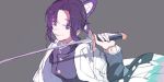  butterfly_hair_ornament buttons closed_mouth gakuran grey_background hair_ornament haori holding holding_sword holding_weapon japanese_clothes kimetsu_no_yaiba kochou_shinobu left-handed long_sleeves purple_eyes purple_hair school_uniform solo sword upper_body weapon yama_(ymmm_66) 